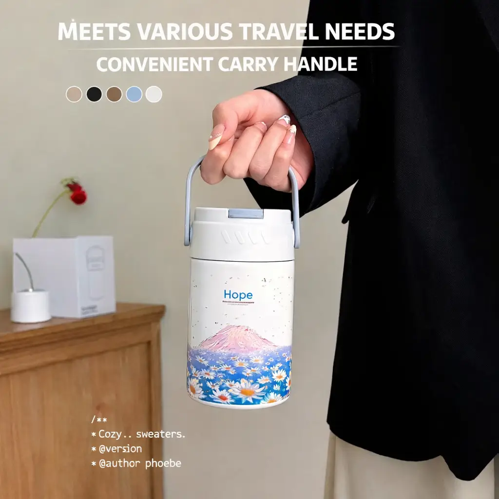 Light Luxury Oil Painting Straw Cup Portable Tea Water Separation Tea Cup Handy Water Cup 316 Stainless Steel Thermos Cup Ins Style