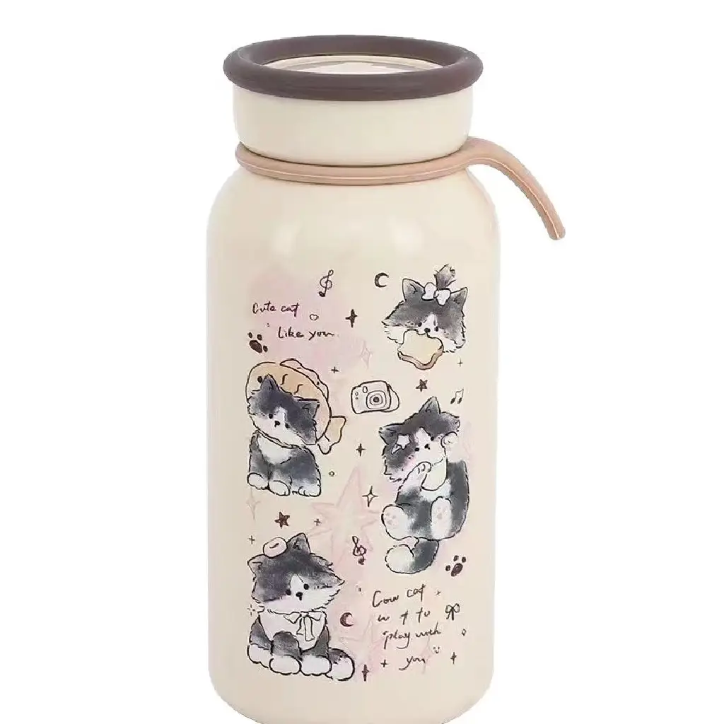 Ninikart Cute Cat Thermos Cup Ins Student High-Looking Couple Water Cup Portable Tea Water Separation Stainless Steel Cup