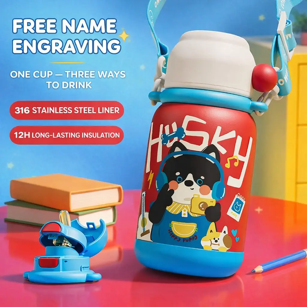 Ninikart High-Looking 316 Stainless Steel Cartoon Kidsren’s Thermos Cup, Outdoor Portable Tumbler, Student Large-Capacity Cup