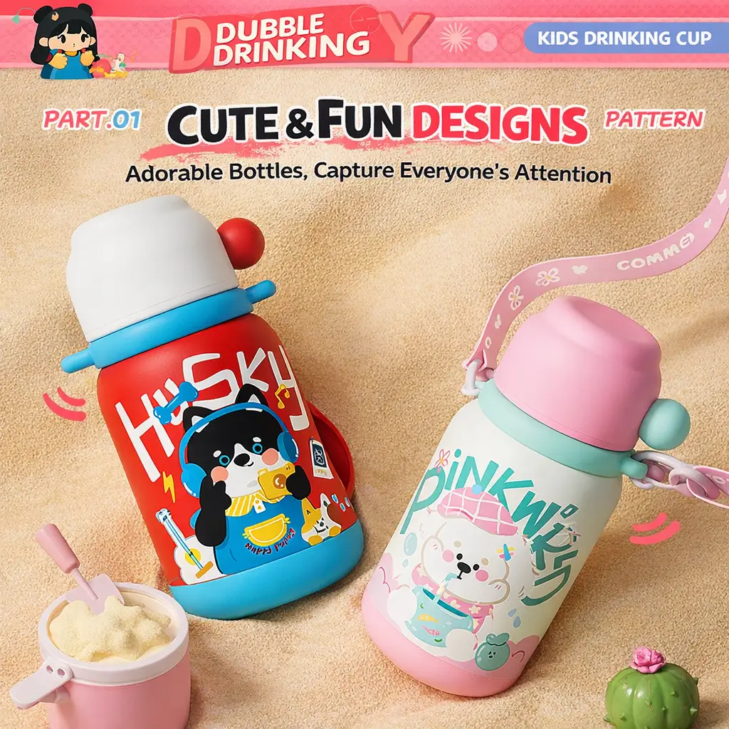 Ninikart High-Looking 316 Stainless Steel Cartoon Kidsren’s Thermos Cup, Outdoor Portable Tumbler, Student Large-Capacity Cup