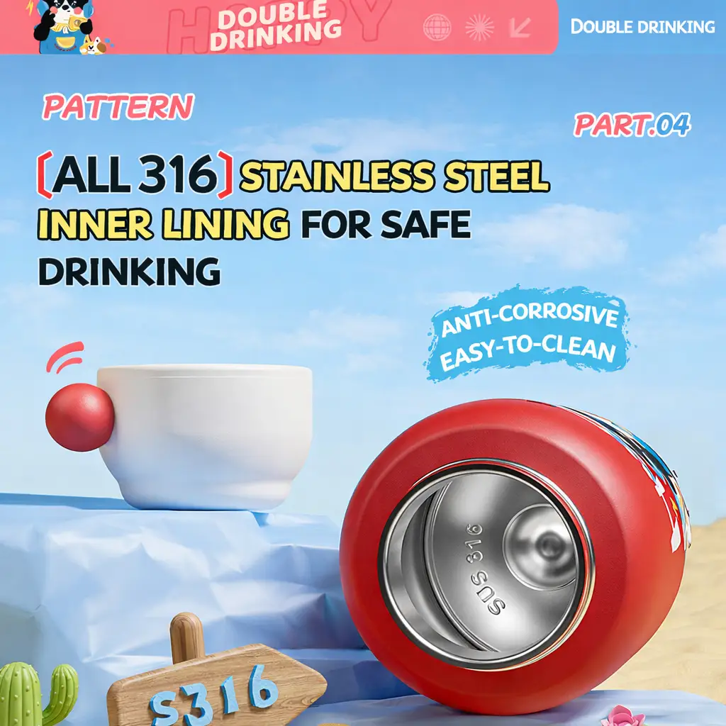 Ninikart High-Looking 316 Stainless Steel Cartoon Kidsren’s Thermos Cup, Outdoor Portable Tumbler, Student Large-Capacity Cup