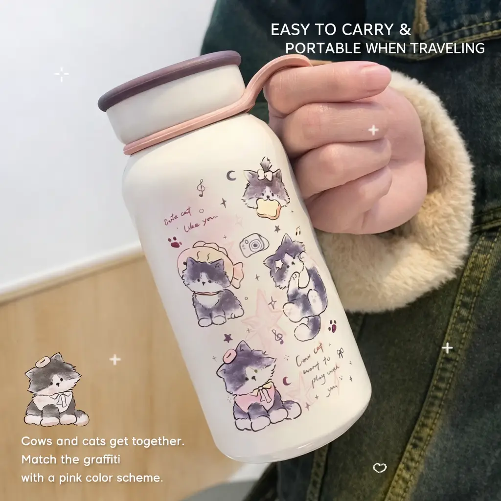 Ninikart Cute Cat Thermos Cup Ins Student High-Looking Couple Water Cup Portable Tea Water Separation Stainless Steel Cup